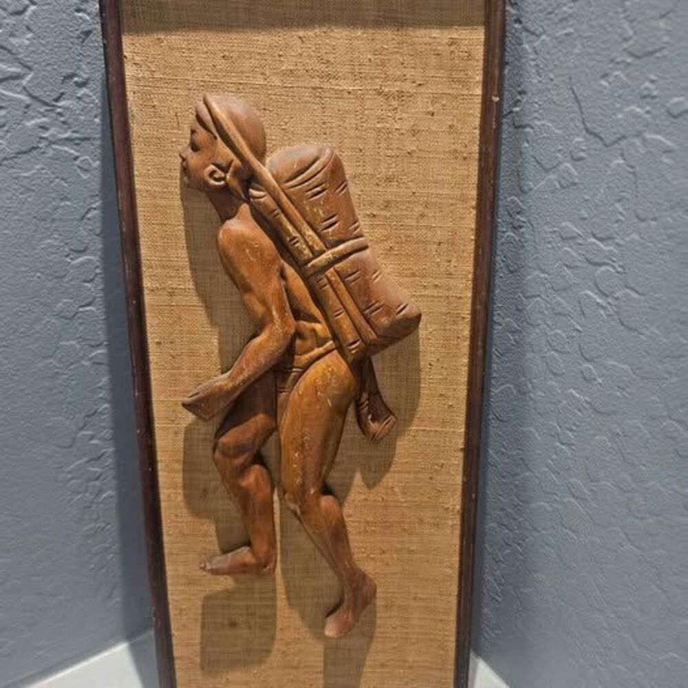 Vintage Mid-Century Teak Wood and Burlap Relief Wall Art
